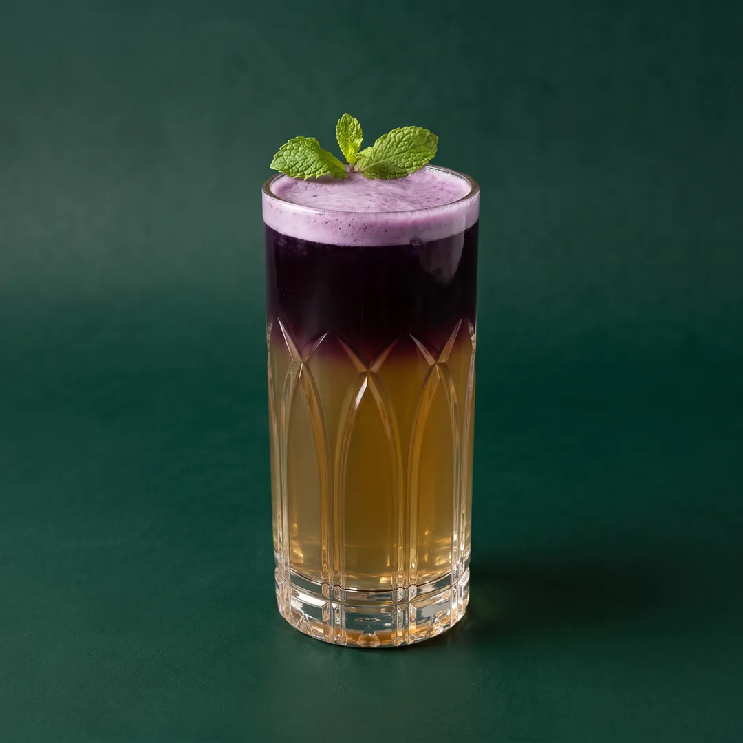 Layered blue pea and chamomile iced tea topped with mint