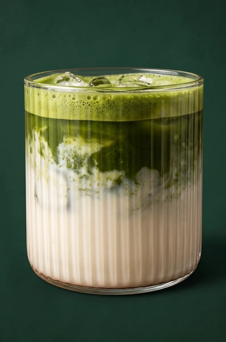 Iced matcha latte layered over milk in a fluted glass