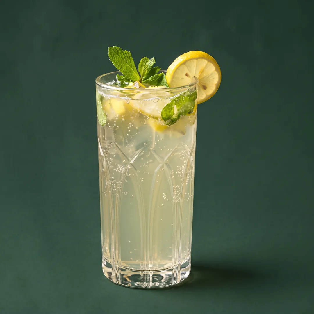 Virgin lemon mojito with mint and lemon wheels over crushed ice
