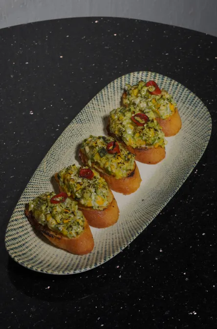 Broccoli, smoked ricotta and hot honey crostini