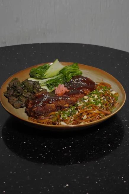 Chicken katsu yakisoba with pak choi