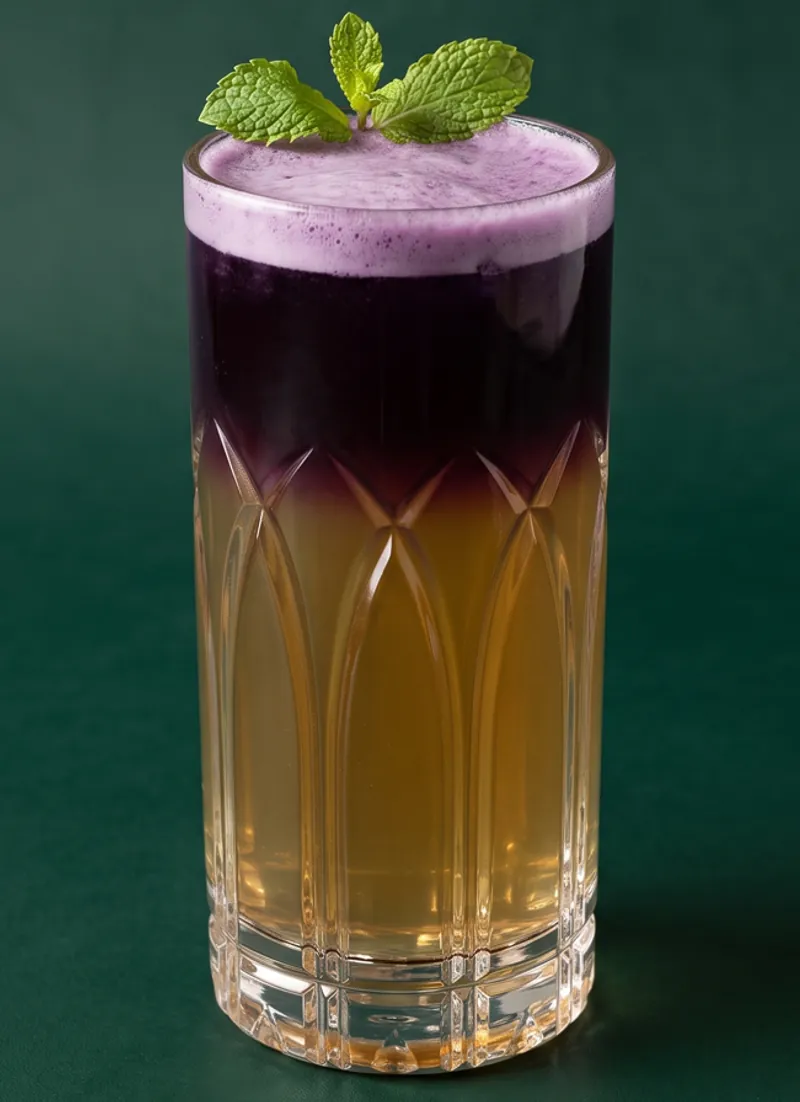 Layered blue pea and chamomile iced tea topped with mint