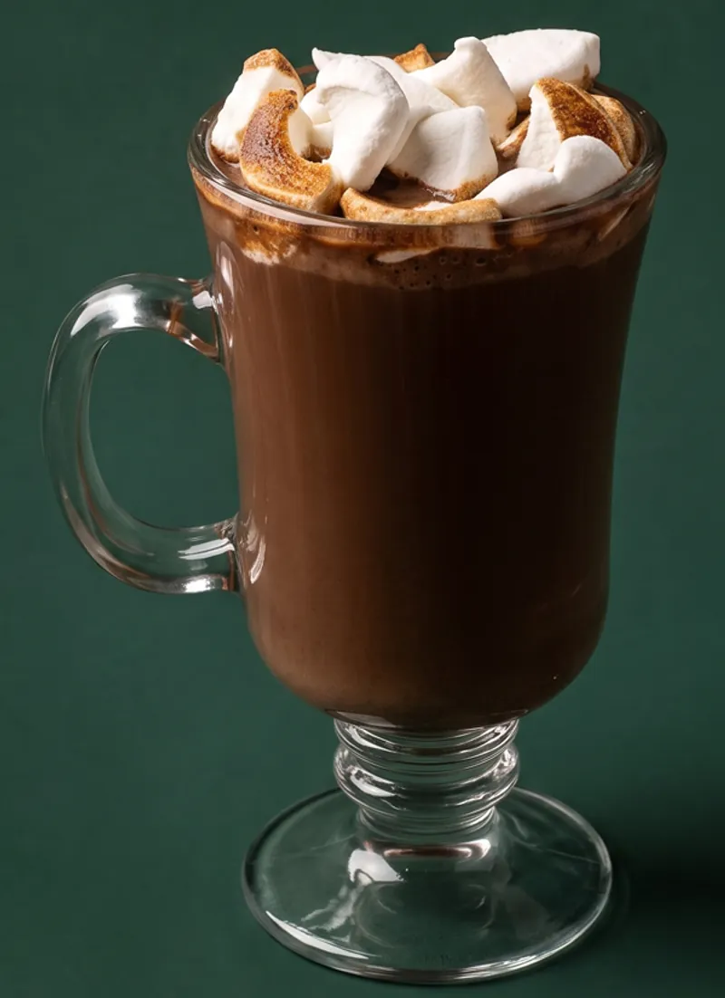 Hot chocolate crowned with toasted marshmallows in a glass mug