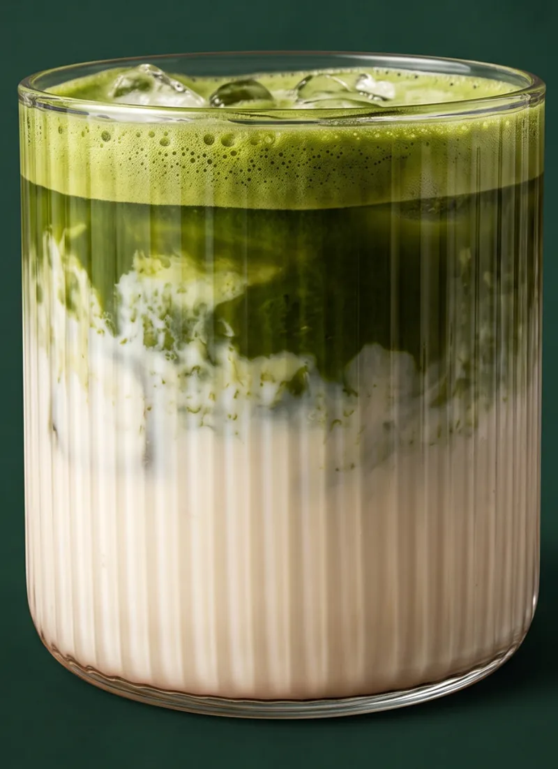 Iced matcha latte layered over milk in a fluted glass
