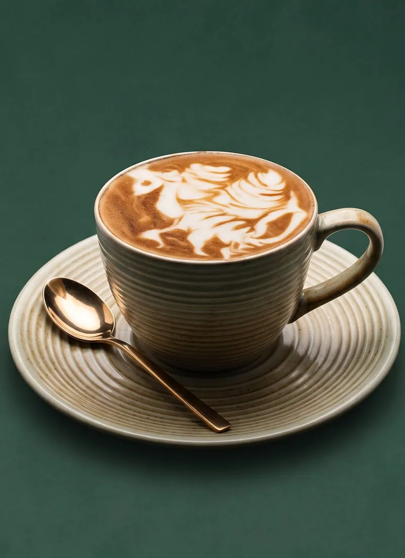 Cappuccino with rosetta latte art in a stoneware cup