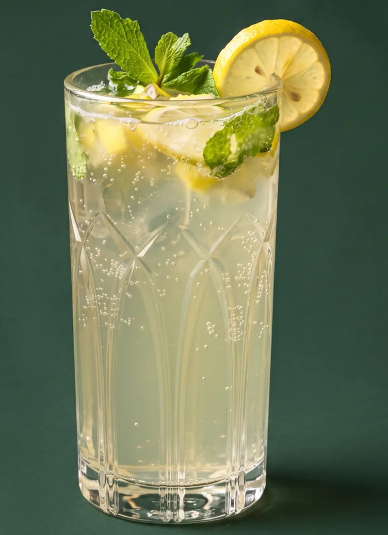 Virgin lemon mojito with mint and lemon wheels over crushed ice